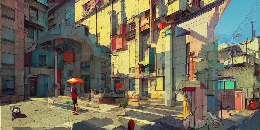 Image similar to neo brutralism, concrete housing, an archway, concept art, colorful, vivid colors, sunshine, light, shadows, reflections, oilpainting, cinematic, 3D, in the style of Akihiko Yoshida and Edward Hopper