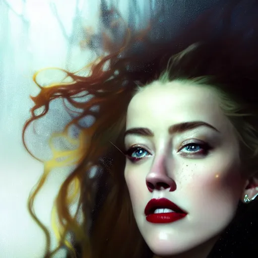 Image similar to hyperrealistic portrait of a woman as amber heard as a vampire witch tears in a black coat closing a window over the shoulder shot falling petals in windy storm hair. by jeremy mann and alphonse mucha, fantasy art, photo realistic, dynamic lighting, artstation, poster, volumetric lighting, very detailed faces, 4 k, award winning