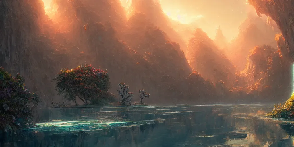 Image similar to a gleaming crystal archipelago, dry, salty, stephen bliss, unreal engine, illustration, fantasy art by greg rutkowski, loish, rhads, ferdinand knab, makoto shinkai and lois van baarle, ilya kuvshinov, rossdraws, tom bagshaw, global illumination, radiant light, detailed and intricate environment