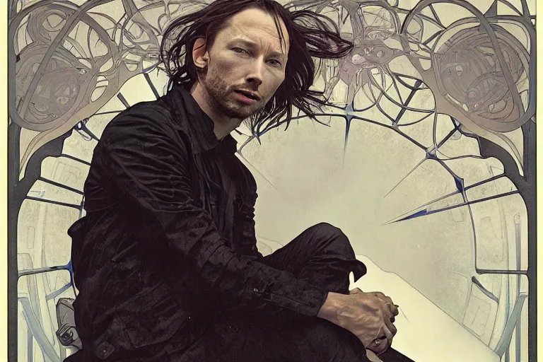 Image similar to hyper realistic portrait of thom ( yorke ) singer songwriter, side, liminal space, by lee bermejo, alphonse mucha and greg rutkowski