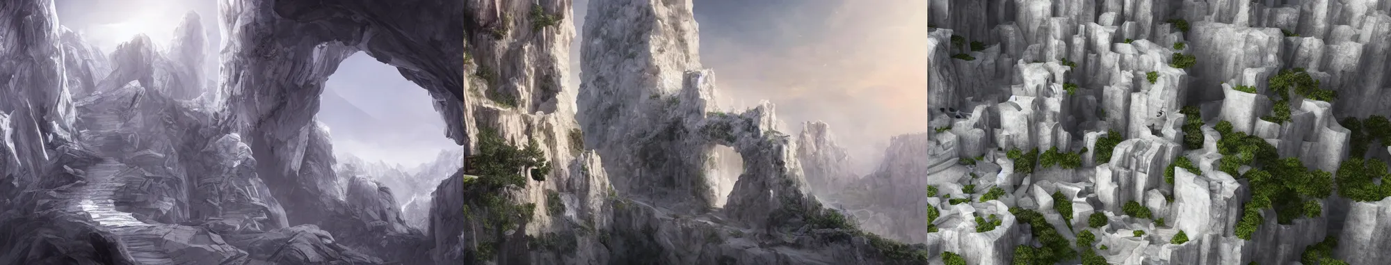Prompt: a white marble cathedral on a cliffside with winding paths below, concept art, environment art, very beautiful, 4k HD,