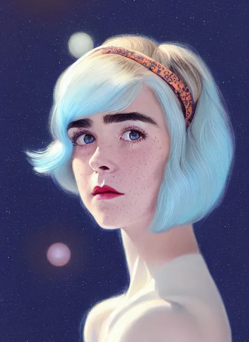 Image similar to portrait of kiernan shipka with freckles, white hair, 1 9 6 0 s bob hairstyle with bangs and hairband, blue 1 9 6 0 s dress, intricate, elegant, glowing lights, highly detailed, digital painting, artstation, concept art, smooth, sharp focus, illustration, art by wlop, mars ravelo and greg rutkowski