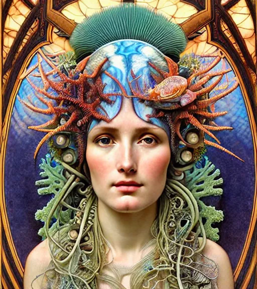 Prompt: hyperrealistic detailed face side portrait of the beautiful goddess of the fish skeletons with an intricate headgear of corals, sea kelp, sea plants, fish, starfish, jellyfish, art by ernst haeckel, john william godward, android jones, alphonso mucha, h. r. giger, gothic - cyberpunk, ornamental, beautiful deep colours,