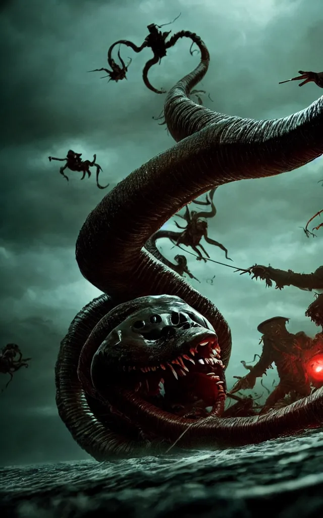 Image similar to pirates fighting giant screaming worm, cinematic atmosphere, maximized, high detail, 8k, ornate, dark fantasy, masterpiece, complex, film still from the movie directed by Denis Villeneuve