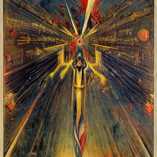 Image similar to by gustave moreau, by wifredo lam unnerving, comforting. a beautiful illustration of a space battle with wild, bright colors.