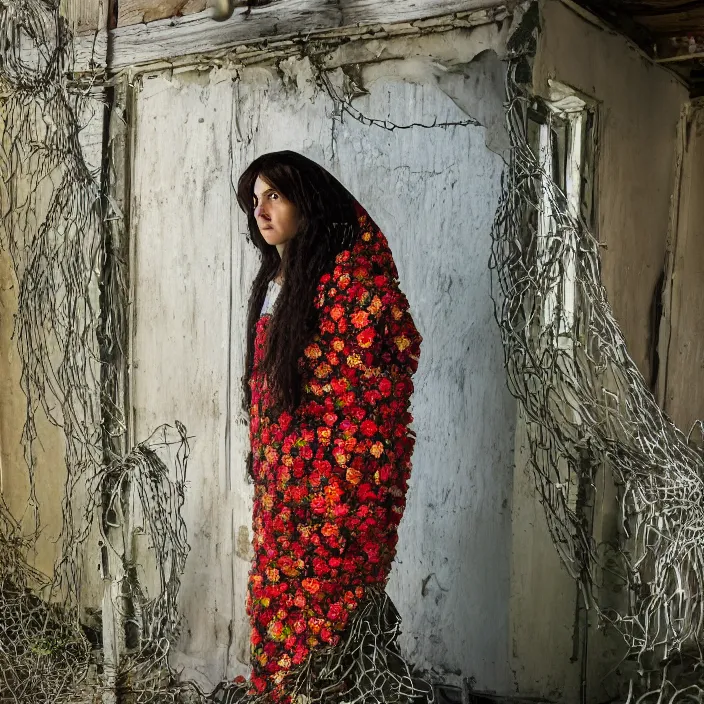 Prompt: a closeup portrait of a woman wearing a hooded cloak made of zinnias and barbed wire, in a derelict house, by Corbin Gurkin, natural light, detailed face, CANON Eos C300, ƒ1.8, 35mm, 8K, medium-format print