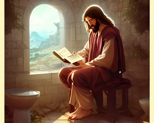 Prompt: photography of jesus christ sitting on a toilet reading manga, deep focus, d & d, fantasy, intricate, elegant, highly detailed, simple background, digital painting, artstation, concept art, matte, sharp focus, illustration, hearthstone, art by artgerm and greg rutkowski and alphonse mucha