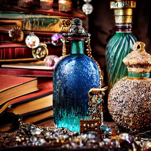 Prompt: dramatic photo of an ancient dark byzantine cave interior, ornate Murano blown glass bottle on a pile of crystals, books covered in jewels, ornate, surrounded by strange crystals and treasure, full of sand and glitter, Byzantine, cinematic, jewels, 35mm lens