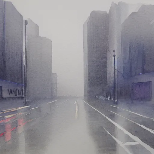 Image similar to A watercolor of an empty Wukang Road in Shanghai, a rainy street with cloudy overcast sky, poignant, high contrast of light and dark, smooth, by Joseph Zbikowicz, 8k