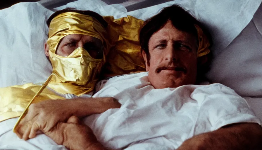 Image similar to 70s movie still of a man wearing gold mask in hospital, eastmancolor, heavy grain, high quality, higly detailed, liminal space