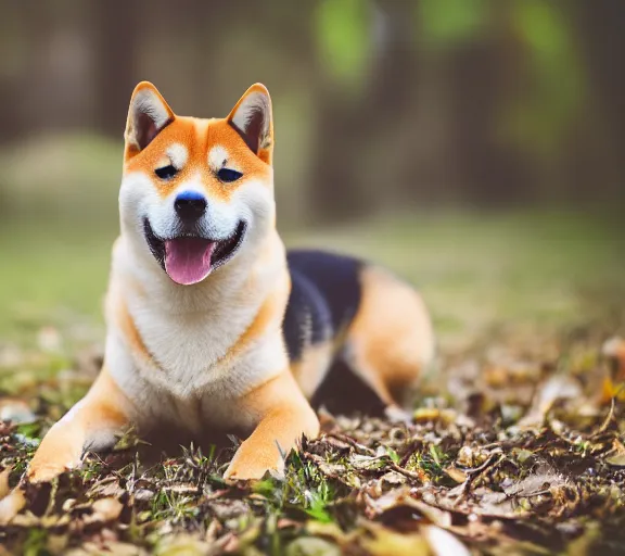 Image similar to a portrait of shiba inu with a mushroom cap growing on its head. intricate. lifelike. soft light. sony a 7 r iv 5 5 mm. cinematic post - processing