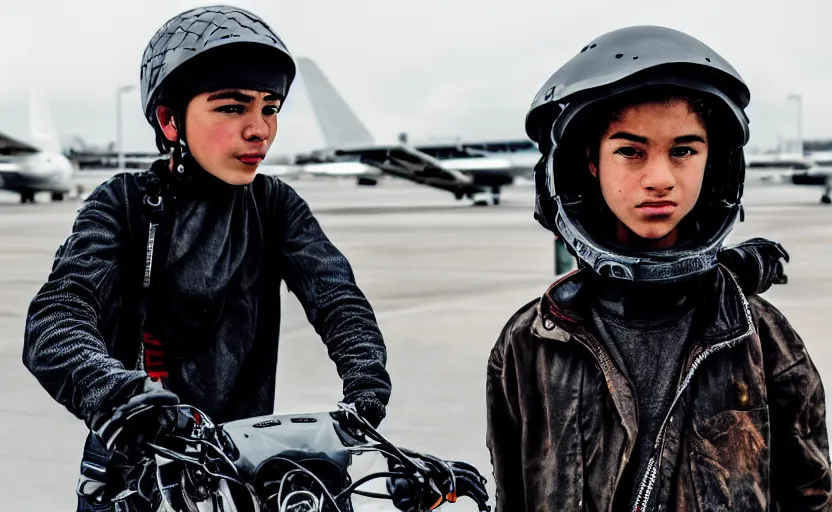 Image similar to cinestill 5 0 d candid photographic portrait by helen levitt of a mixed teen cyborg wearing rugged black mesh techwear riding on a dirtbike through an airport, extreme closeup, modern cyberpunk moody emotional cinematic, snow storm, 8 k, hd, high resolution, 3 5 mm, f / 3 2, ultra realistic faces, ex machina