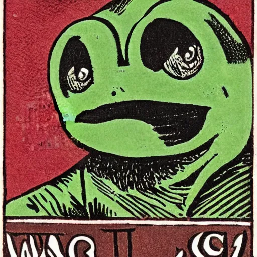 Prompt: pepe the frog, viking warrior, saga, 1 9 2 0 s magazine colors, woodcut by christian krohg