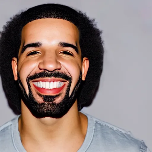 Prompt: drake with a big smile and bloody wide open eyes, detailed face, sharp focus