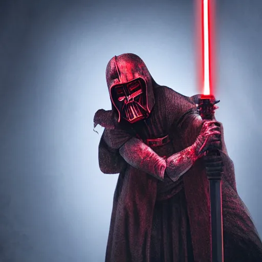 Prompt: scary knight, red light saber, covered in blood, in hell, kneeling, photo realistic, 8k, highly detailed, cinematic atmosphere