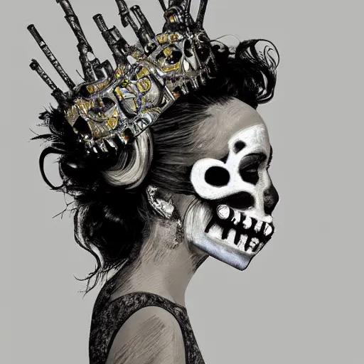 Image similar to full body potrait of a woman. woman is wearing a crown made of cigarettes. Woman is wearing a skull mask. Smoke effects forms question mark. Digital painting. Art station. Mood lighting. - h 1200