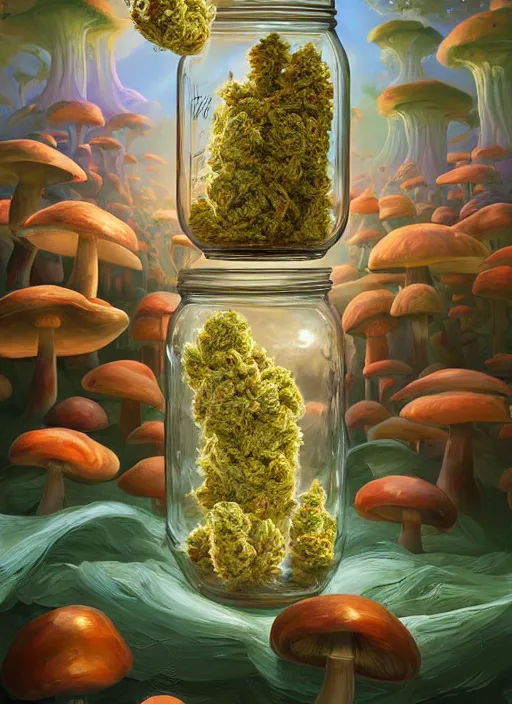 Prompt: detailed surreal digital painting of a mason jar full of cannabis buds, surreal mushrooms and large capsules by artstation, fanart behance hd by jesper ejsing, by rhads, makoto shinkai and lois van baarle, ilya kuvshinov, rossdraws, refer madness propaganda, global illumination, radiant light, detailed and intricate environment