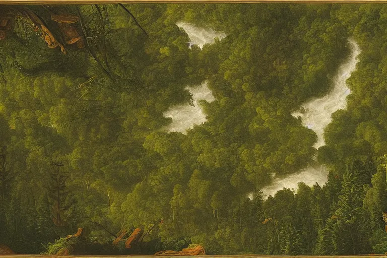 Image similar to top down view of lush pine forest, many witch houses, river flowing through the forest by thomas cole by justing gerard