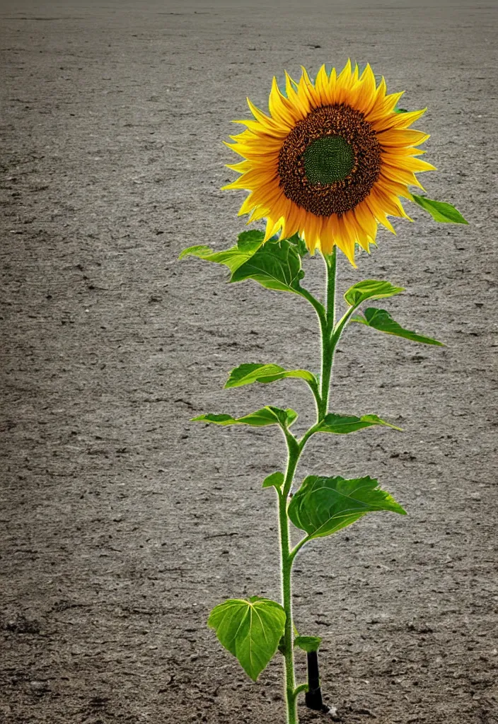 Image similar to A communist Propaganda Poster of a single sunflower in a vast dry field.