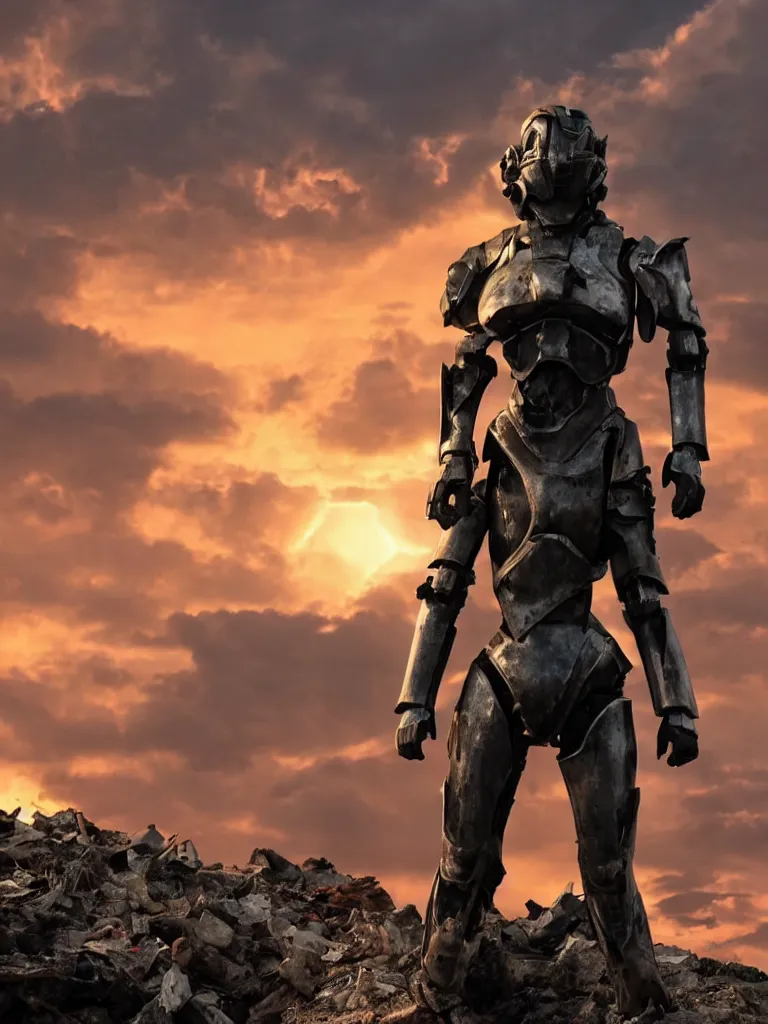 Image similar to emily blunt in futuristic power armor, alone, standing atop a pile of rubble, sword on shoulder, sunset and big clouds backdrop