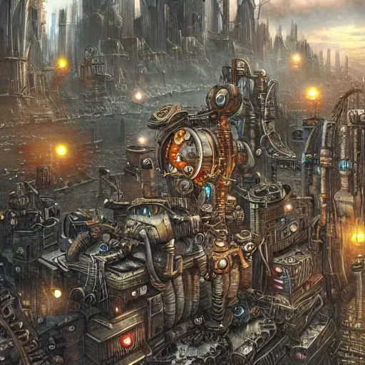 Image similar to robot city, steampunk art, fantasy style, super high detail, super high quality, talented artist, trending on artstation, machinarium