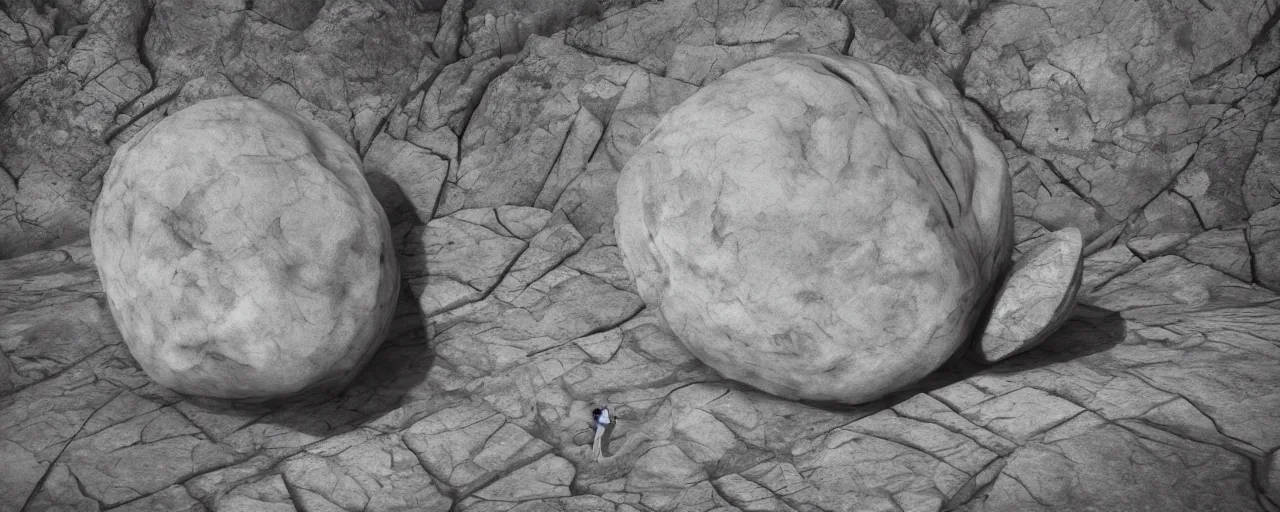 Prompt: Sisyphus pushing a large and round boulder up a mountain, the stone is rolling up, sisyphus looks tired and dejected, the mountain is steep, melancholic mood, photo realistic, 8k, HDR, ultra detailed, movie poster, trending on artstation