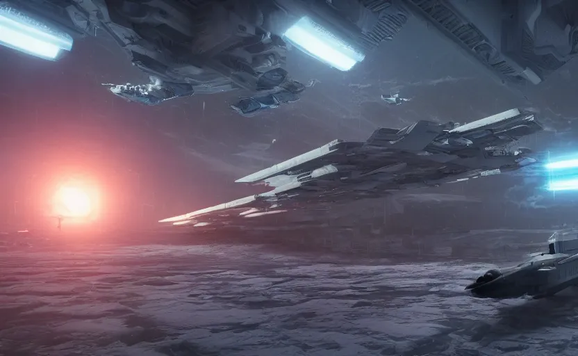 Image similar to photo of cyberpunk aircarrier taking off from the frozen surface of europa, ultra detailed, movie frame, cinematical composition, 4 k, breaking bad