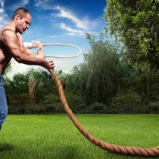 Prompt: man swinging a long horse whip around in the backyard, realistic photo