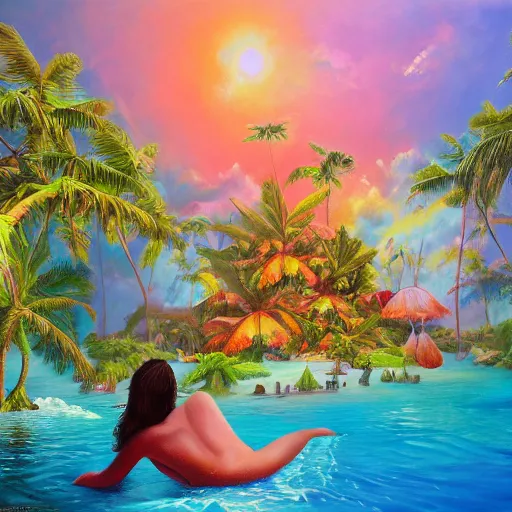 Image similar to tropical dream, oil on canvas, surrealism, highly detailed, masterpiece, award - winning, artstationhd