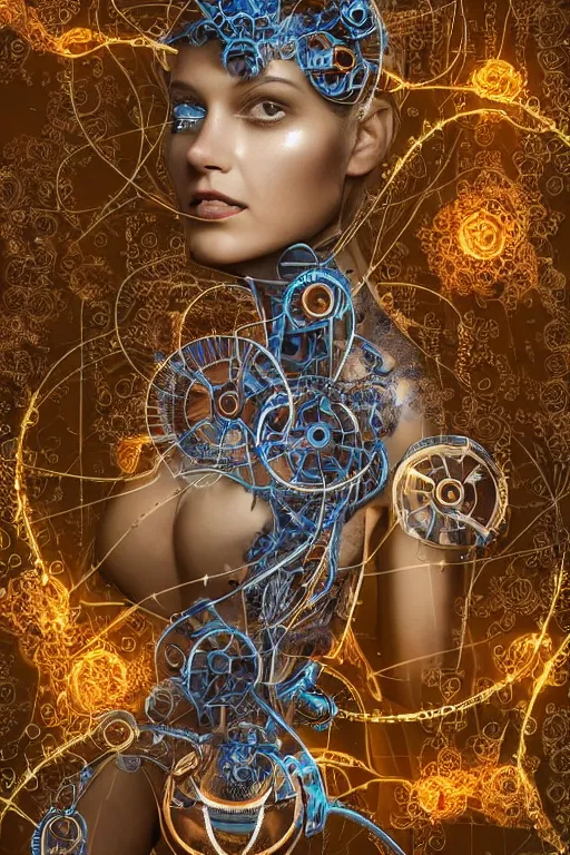 Prompt: a beautiful woman is being transformed and augmented into a machine by nanites, photorealistic, magical, enchanted, intricate detail, elaborate machinery, clockwork, torn tapestry, swirling smoke, ember particles, regal design, royal relief