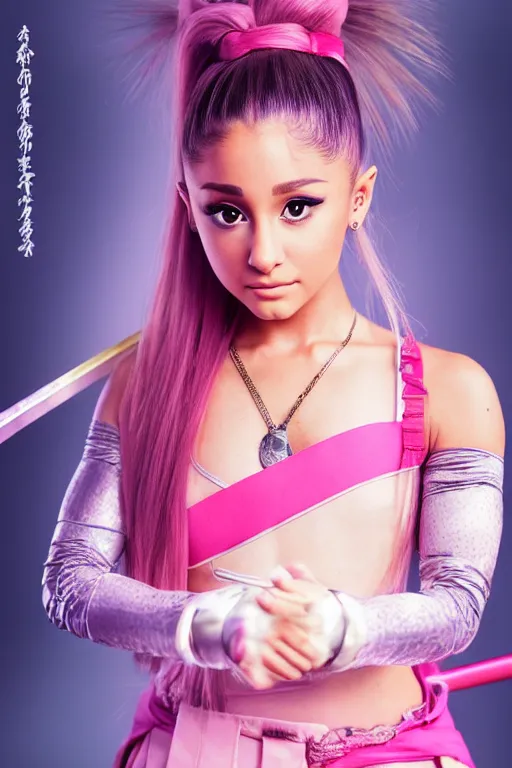 Image similar to highly detailed beautiful photo of a ariana grande as a young female samurai, practising sword stances, symmetrical face, beautiful eyes, pink hair, realistic anime art style, 8 k, award winning photo, pastels colours, action photography, 1 / 1 2 5 shutter speed, sunrise lighting