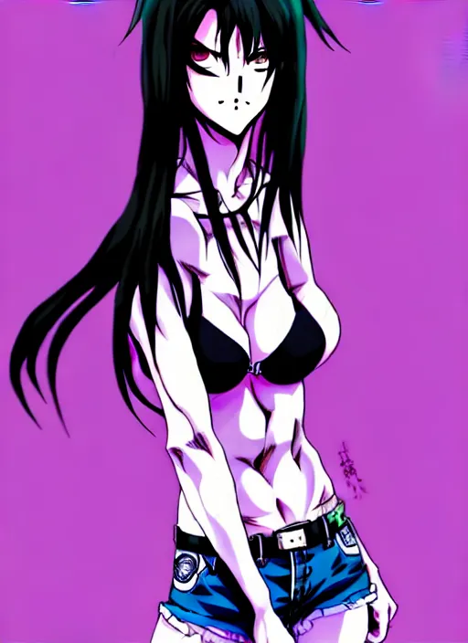 Image similar to style of madhouse studio anime, black lagoon manga, loish, artgerm, rafael albuquerque comic art, portrait of revy from black lagoon, symmetrical eyes and symmetrical face, jean shorts, white tank top, purple hair, sarcastic evil smirk on face, sky and ocean background