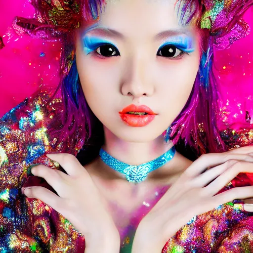 Image similar to japanese model with maximalist hair style and makeup, bright colors, fashion model, portrait shot, glitter, depth of field, 8 k, hyper detailed, intricate, trending on artstation