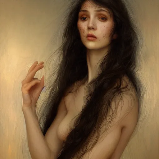 Image similar to of a beautiful brunette women intricate skin, fur, silicone cover, elegant, peaceful, full body, hyper realistic, extremely detailed, dnd character art portrait, fantasy art, intricate fantasy painting, dramatic lighting, vivid colors, deviant art, artstation, by edgar maxence and caravaggio and michael whelan and delacroix