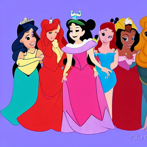 Image similar to All the Disney Princesses in a group hug, digital art