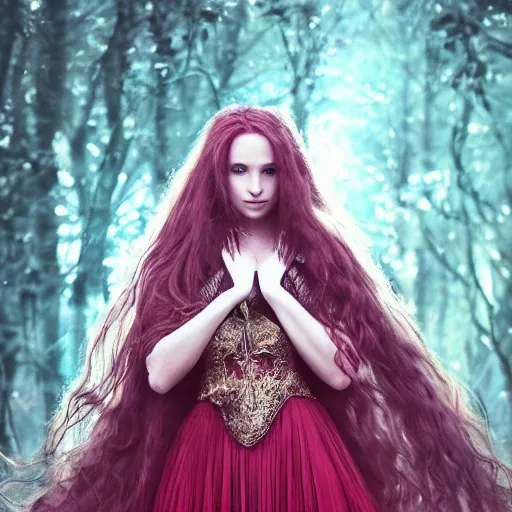 Image similar to Fantastic, fairytale, portrait, painting, beautiful!, female mage!, long flowing red hair, light emitting from fingertips, ornate gown, smoldering, serious, royalty kingdom, royal court, hyperreal, photoreal