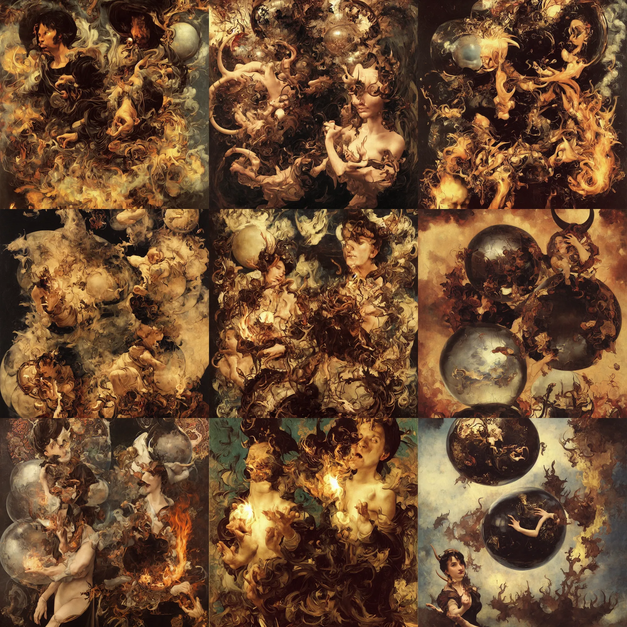 Prompt: portrait of a person in a sphere, horns, smoke, flames, full-length, oil painting in a renaissance style , very detailed, out of focus background, painted by Caravaggio, Greg rutkowski, Sachin Teng, Thomas Kindkade, Alphonse Mucha, Norman Rockwell, Tom Bagshaw.