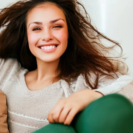 Image similar to a cute young woman smiling, long shiny bronze brown hair, full round face, emerald green eyes, medium skin tone, light cute freckles, smiling softly, wearing casual clothing, relaxing on a modern couch, interior lighting, cozy living room background, close-up shot,