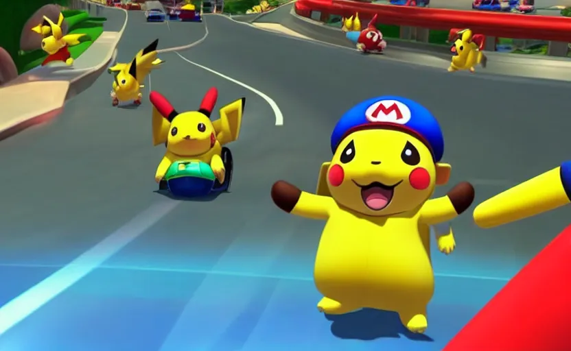 Image similar to Pikachu in Mario Kart, screenshot,