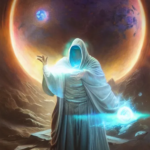 Image similar to the creator of worlds wearing a cloak and holding a holographic planet projection in his hand, detailed, sci - fi, digital painting, artstation, sharp focus, illustration, ominous, artgerm, tomasz alen kopera, peter mohrbacher, donato giancola, joseph christian leyendecker, wlop, frank frazetta