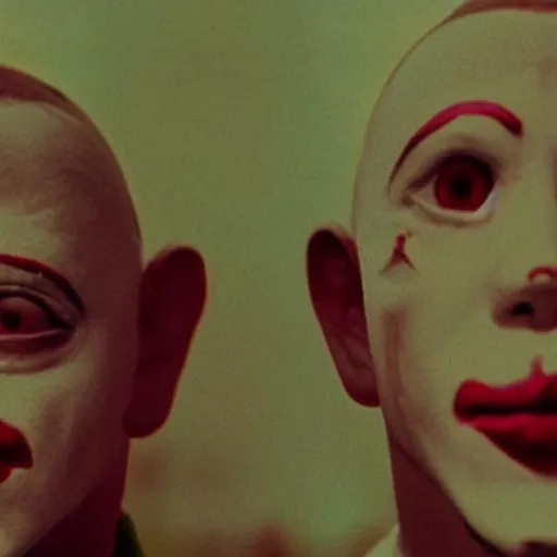 Prompt: screenshot from the scene from the holy mountain where the conjoined child clowns play. The child clowns are conjoined at the head and neck. Cinematic, VHS copy, film grain, 35mm film.