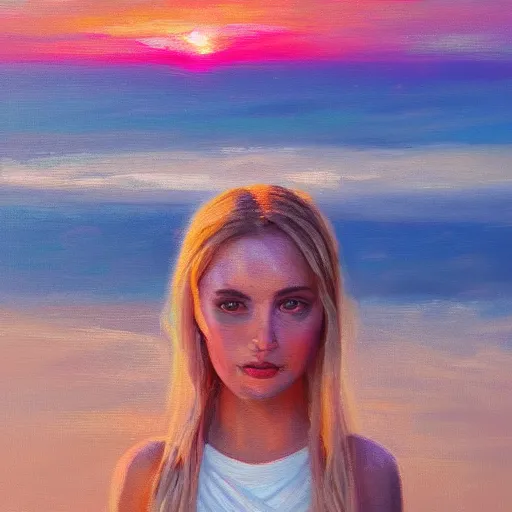 Image similar to an influencer girl portrait, sunset, ocean in distance, oil painting, pale colors, high detail, 8 k, wide angle, trending on artstation,