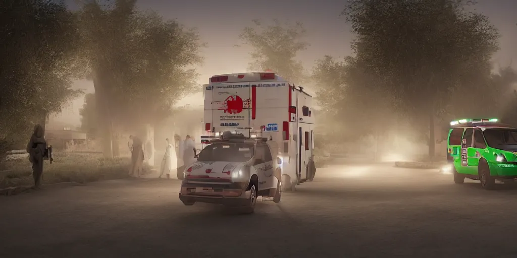 Prompt: arabic ambulance attending emergency in pakistan city, light cinematic, volumetric, realistic, cinematic lighting, hyper realistic