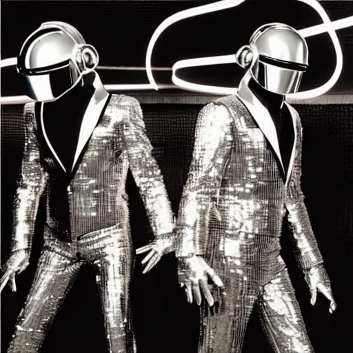 Image similar to “behind the scenes still of Daft Punk guest appearance in Tron (1985). Award winning Photo.”