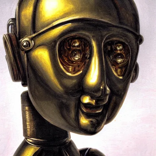 Prompt: a close up portrait painting of a Robot that shedding a tear in the style of Rembrandt