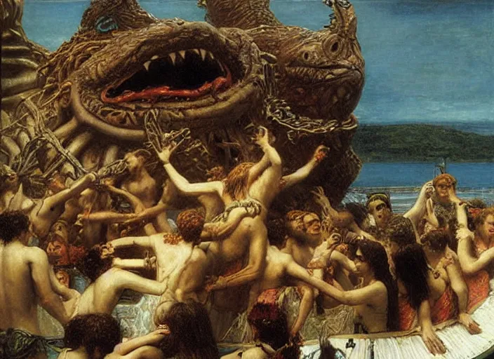 Image similar to the raft of the medusa with godzilla standing in the water, painting by lawrance alma - tadema