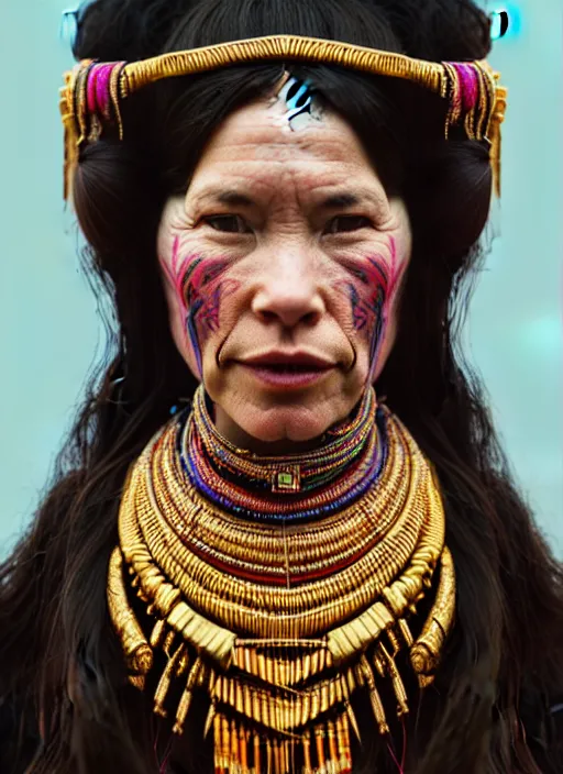 Prompt: portrait of catriona balfe ( outlander ) as a kayan tribe woman with gold neck rings, hyper detailed ultra sharp trending on artstation, colorful, psychedelic, ornate, intricate, digital painting, concept art, smooth, sharp focus, illustration, art by artgerm and greg rutkowski and h. r. giger, 8 k