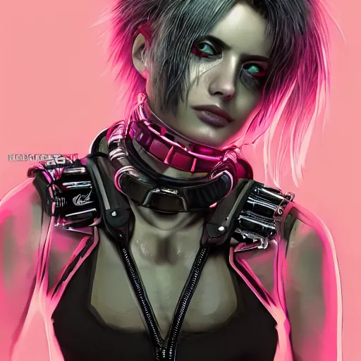 Image similar to detailed realistic cyberpunk female character cyberpunk wearing large steel collar around neck, realistic, art, beautiful, 4K, collar, choker, collar around neck, punk, artstation, detailed, female, woman, choker, cyberpunk, neon, punk, collar, choker, collar around neck, thick collar, choker around neck, wearing choker, wearing collar, bright neon punk hair,