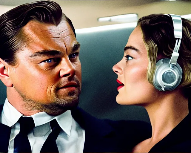 Image similar to leonardo dicaprio as the wolf of wall street next to margot robbie as naomi from the wolf of wall street in a helicopter, hyper realistic faces, beautiful eyes, cinematic, long shot, hyper detailed, 8 5 mm photograph, 8 k resolution, film still, sharp lens, wide lens