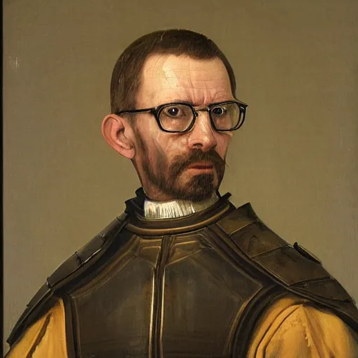 Image similar to dutch golden age painting portrait of gordon freeman wearing a hev suit, very detailed, very intricate, 8 k,